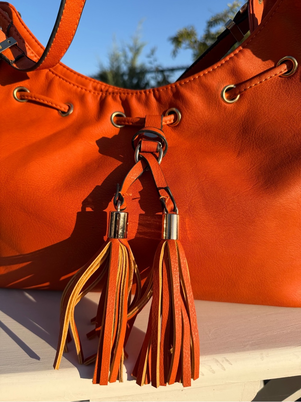 Michael Kors Bright Orange Leather Shoulder Bag with Tassels - Picture 3 of 8